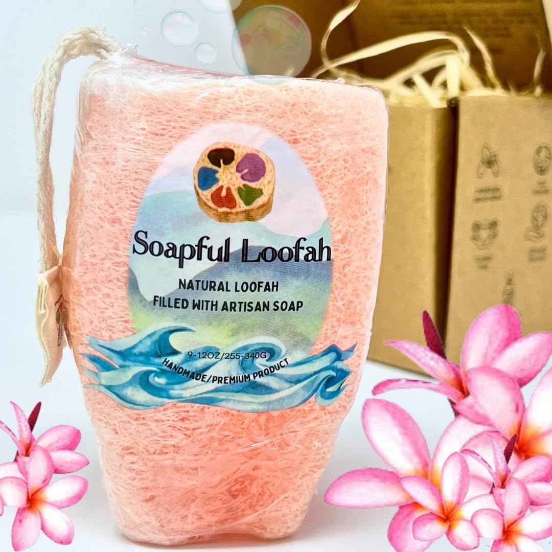Soap Bar Loofah| Natural Loofah Sponge | Loofah Exfoliating Body Scrubber | 9-12 0z of Plumeria Scented Artisanal Handmade Natural loofah soap in a Disposable Shower Loofah