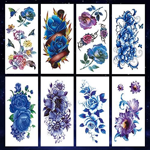 Waterproof Temporary Tattoo Stickers - 8 Sheets Flower & Butterfly Designs