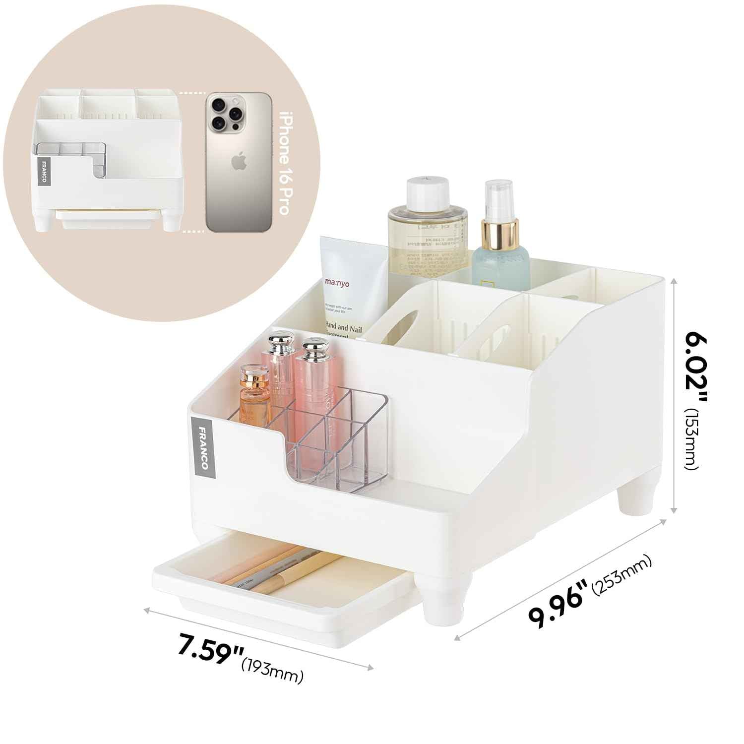 carrotez Make up Vanity Organizer Countertop Skincare Cosmetic, Accessories Organizers Customizable Compartments - White