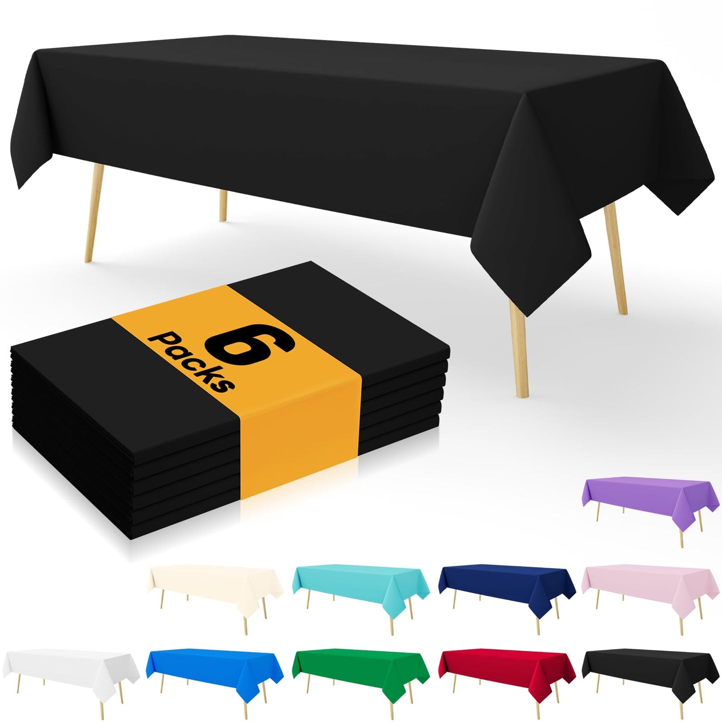 Smiry Disposable Table Cloth - 6 Pack, 54 x 108 Inch Table Cloths for Parties, Decorative Tablecloths for Rectangle Tables, Waterproof Plastic Table Cover, Leakproof & Sturdy, Black