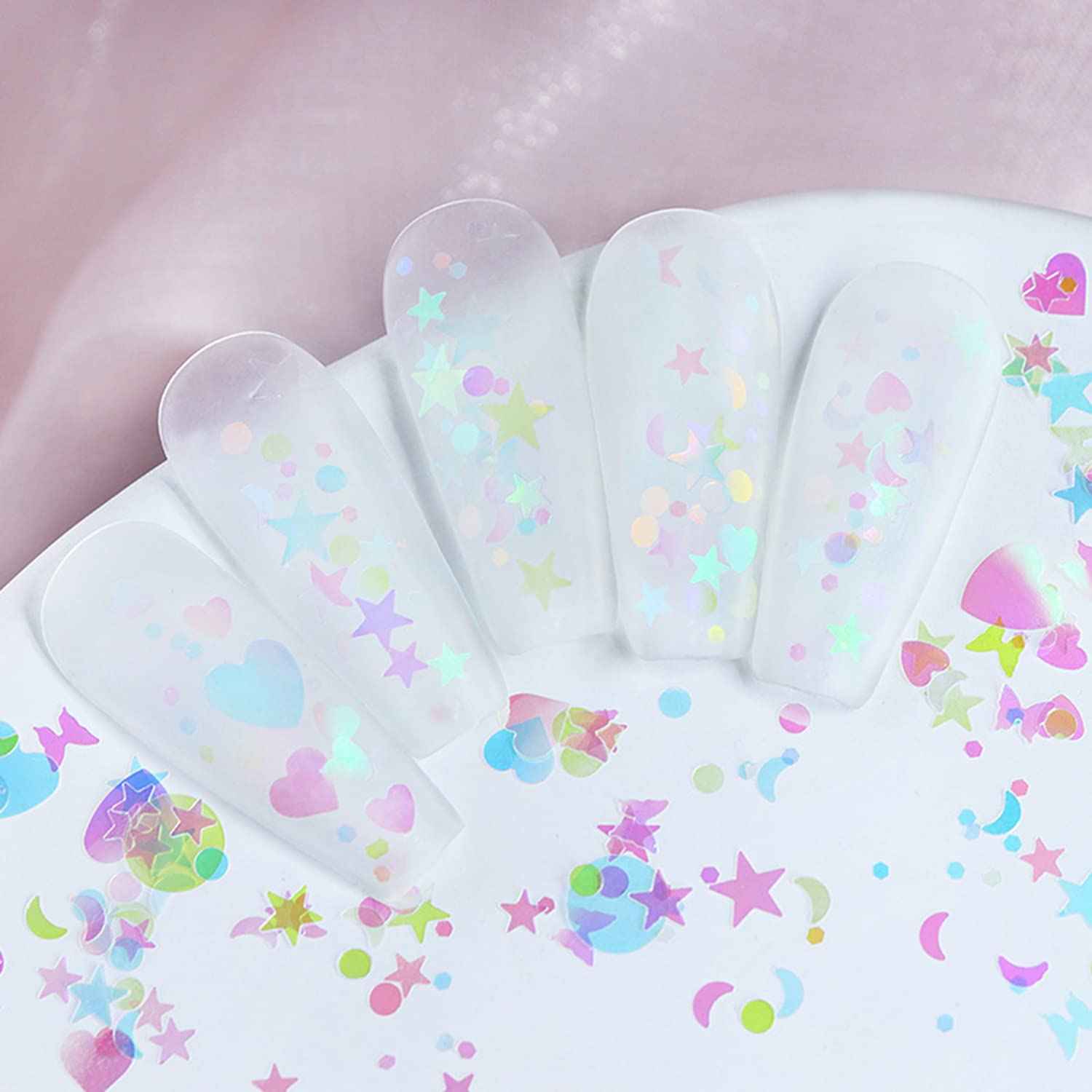 Nail Art Glitter Sequins, 3D Clear Iridescent Ultra-Thin Nail Art Glitter Flakes Designs, Mermaid Love Heart Butterfly Star Moon Round Shapes Nail Glitter Slices for Women Manicure Charms Decorations