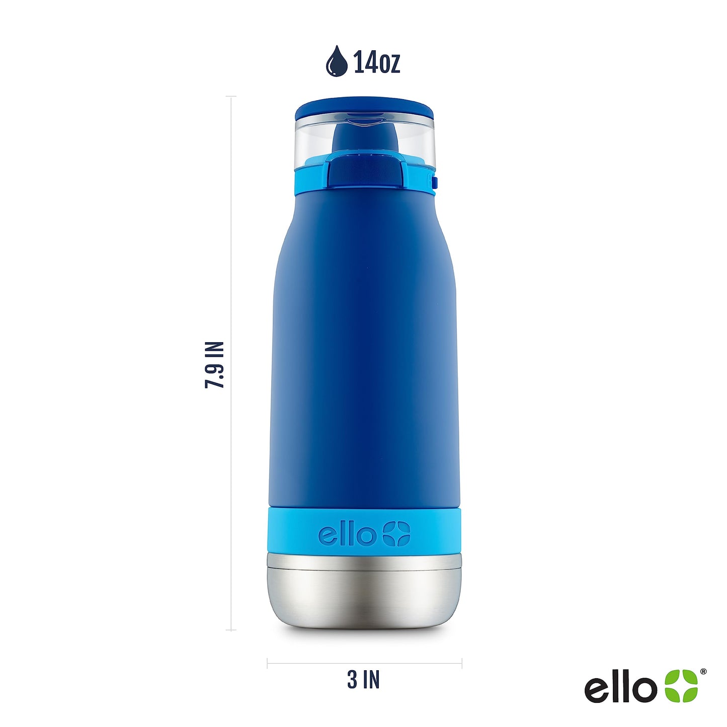 Ello Emma Vacuum Insulated Stainless Steel Water Bottle with Locking Leak Proof Lid and Soft Straw, 14oz, Touchdown Blue