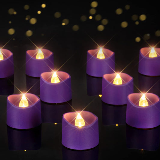 Homemory Purple Tea Lights Candles Battery Operated, 200+Hour Flameless Flickering Fake Electric LED Colored Tealights Candles for Party, Wedding, Halloween, Mardi Gras, Holiday Decor, 12-Pack