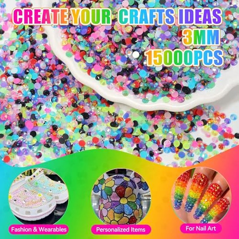 15000pcs 3mm Flatback Rhinestones Kit, 15 Colors