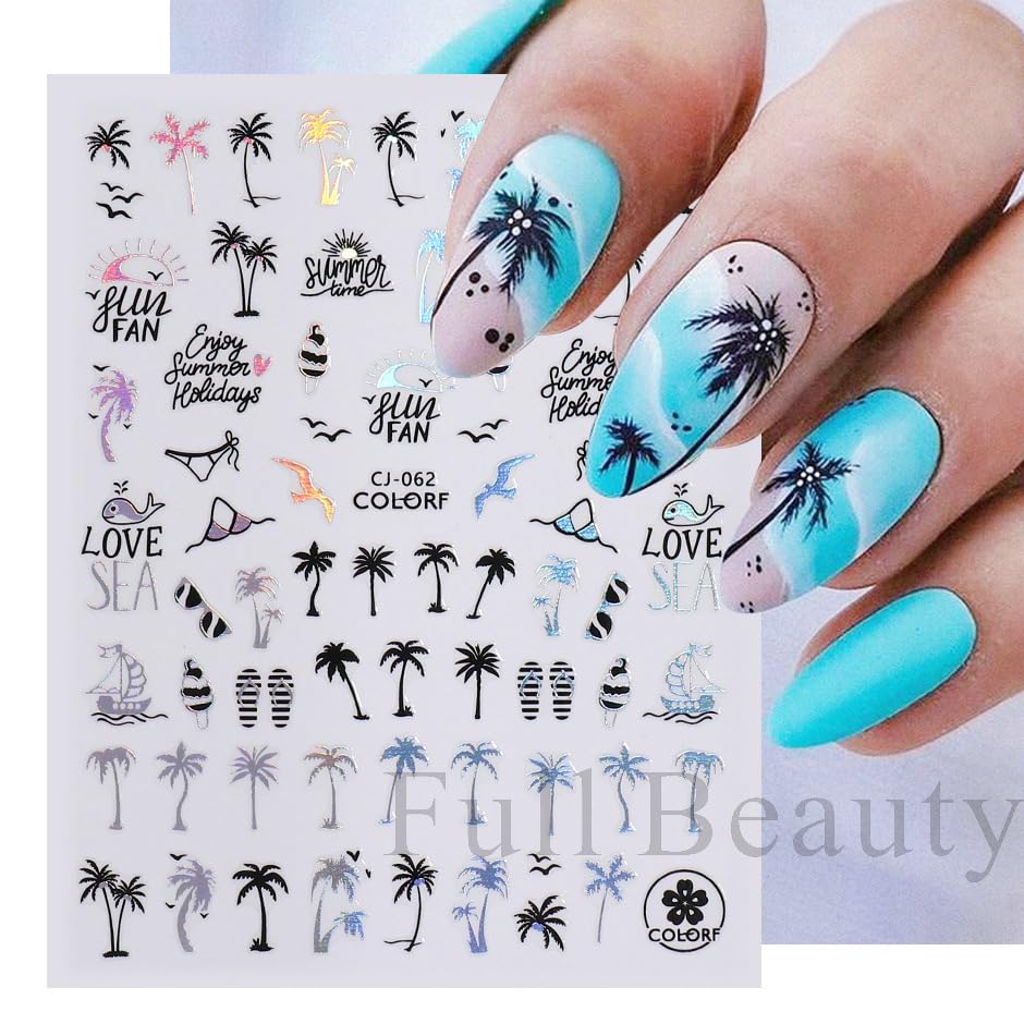 Summer Nail Art Stickers 3D Embossed Coconut Tree Nail Stickers Cute Nail Decals Black Silver Leaf Nail Art Design Decals for Nail Art Summer Designs Self Adhesive Nail Art Supplies Accessories 6PCS