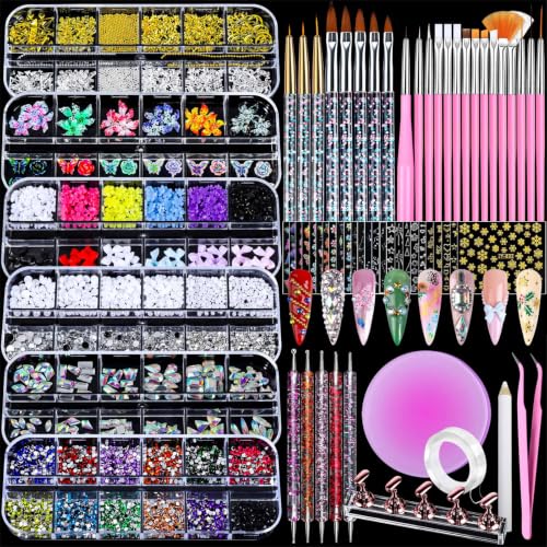 Teenitor Nail Art Kit with 3D Charms, Rhinestones & Brushes