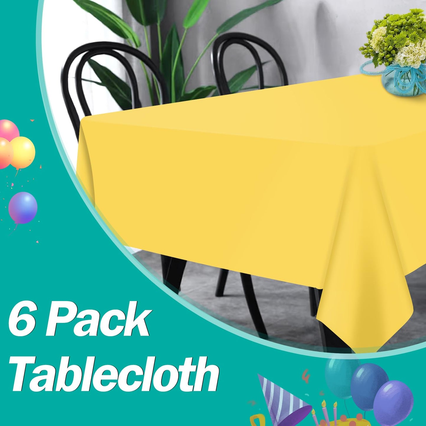 tujol Yellow 6 Pack Plastic Table Cloth 54" x 108", Disposable Tablecloths Rectangle Table Cover, Plastic Table Cloths for Parties