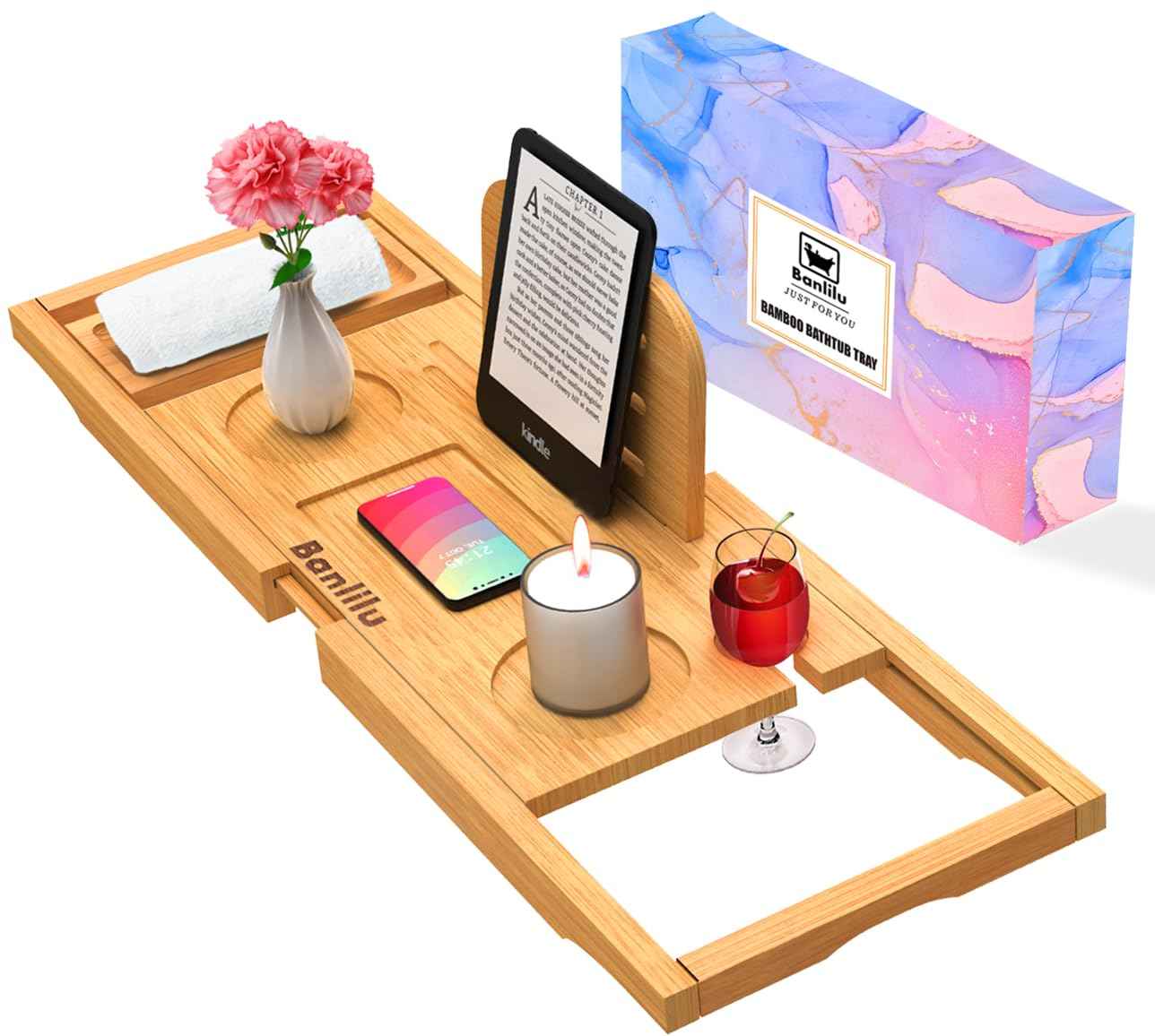 Premium Bamboo Bathtub Tray Caddy - Bath Tub Tray Table for Bathtub - Bath Caddy Tray for Bathtub, Expandable Size, Fits Most Bath Tubs