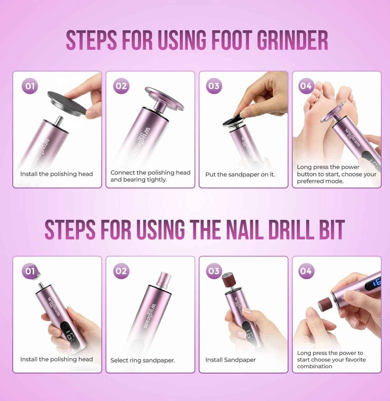 Wygleam Electric Callus Remover for Feet & Nail File Drill Kit - 2 in 1 Rechargeable Pedicure Tools for Flawless Feet - Professional Foot File with 3 Speeds for Dead Skin Removal - at Home Pedicure