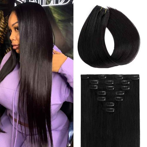 Clip in Hair Extensions, 18 Inch 7Pcs Invisible Seamless Real Hair Extensions Clip in Human Hair, 1B Natural Black Straight Human Hair Extensions for Women, 95g Double Weft Remy Human Hair