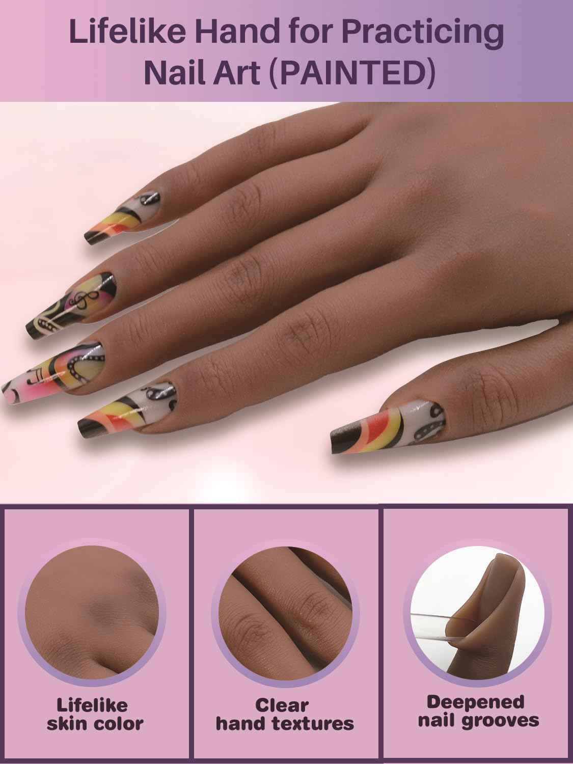 Silicone Practice Hand for Acrylic Nail, Dark Brown Nail Practice Hand with Bracket, Flexible Reusable Mannequin Hand for Nail Display, Acrylic Nail Training Hand for Manicure Beginner (color #5)