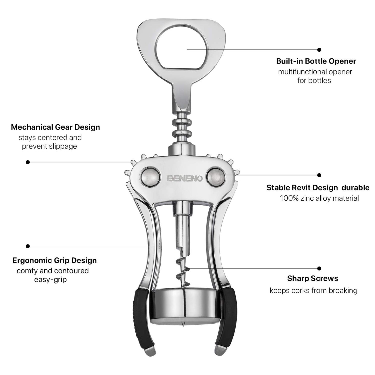 Wine Opener with Leak Proof Wine Vacuum Stopper, Zinc Alloy Premium Wing Corkscrew Wine Bottle Opener with Multifunctional Bottles Opener