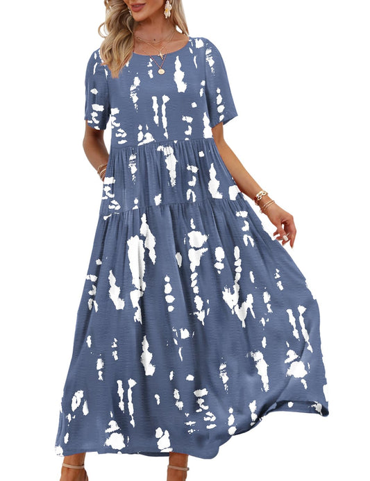 YESNO Women Casual Loose Bohemian Floral Dress with Pockets Short Sleeve Long Maxi Summer Beach Swing Dress S EJF CR147