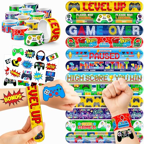 48PCS Video Game Party Set ? 24PCS Temporary Tattoos & 24PCS Slap Bracelets ? Gamer-Themed Birthday Supplies, Baby Shower Gifts, Classroom Rewards & Party Decor for Kids (Boys & Girls)