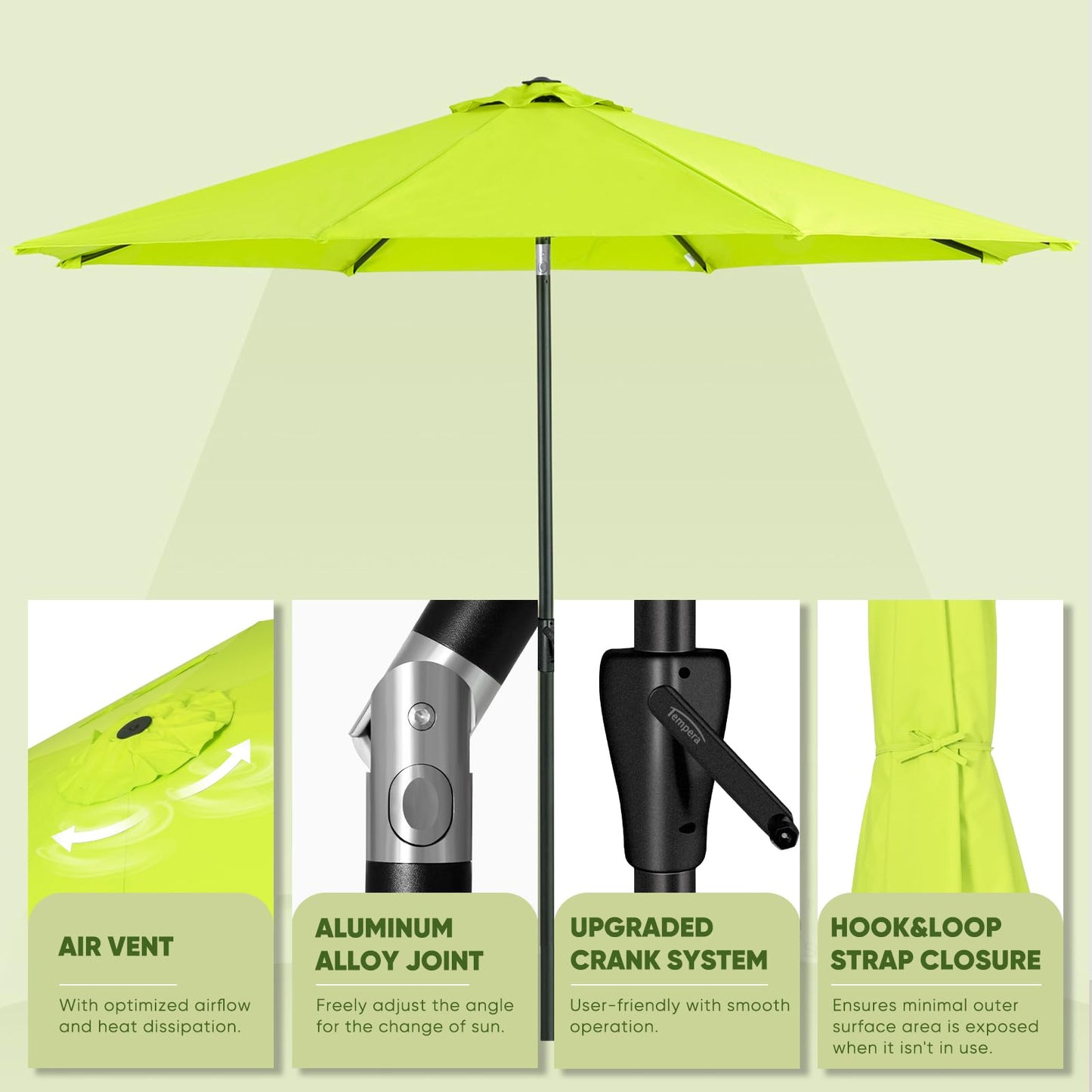 Tempera 9ft Patio Market Outdoor Table Umbrella with Push Button Tilt and Crank,Large Sun Umbrella with Sturdy Pole&Fade resistant canopy,Easy to set, Apple Green