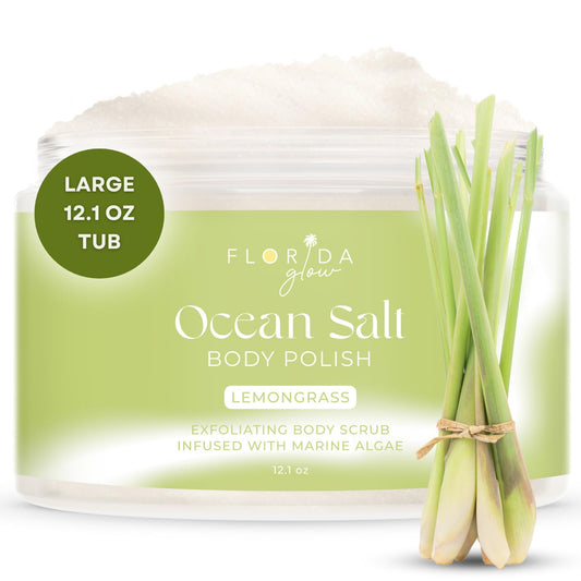 Sea Salt Body Scrub by Florida Suncare - Ocean Salt Body Polish Infused with Marine Algae - Exfoliating Face and Body Scrub - Facial Scrub Exfoliator to Tackle Acne (Lemongrass, 12.1 oz)