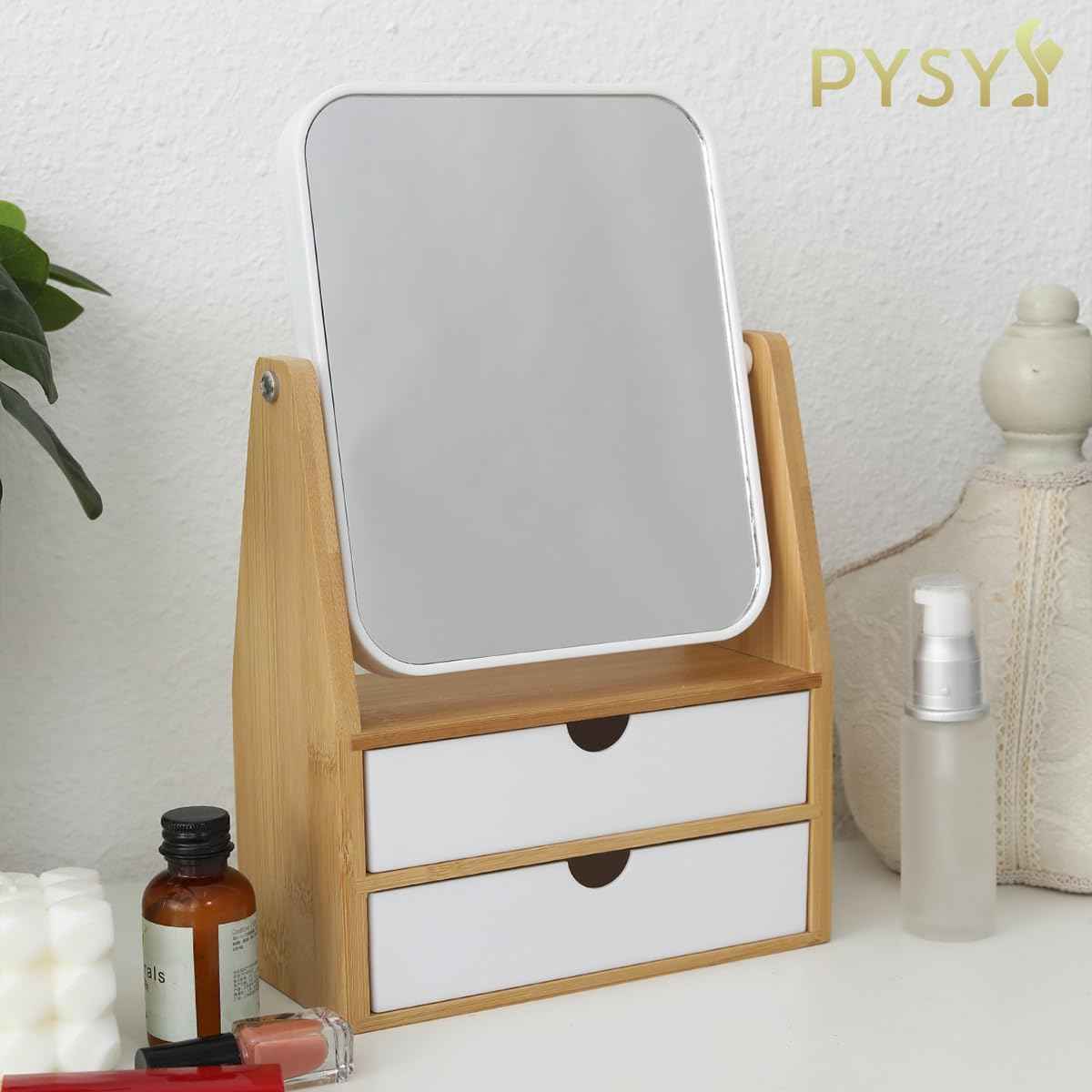 PYSYY 1x / 5X Magnifying Makeup Mirror, Jewelry and Cosmetics Storage Box with Double Drawers, Adjustable Natural Bamboo Stand, 360° rotatable Vertical Desktop Mirror (1, Rectangle)
