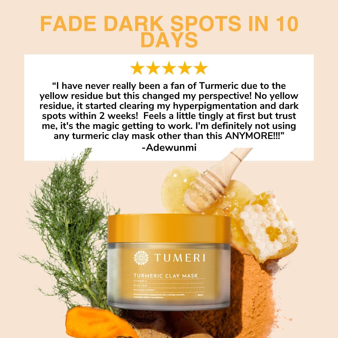 TUMERI Turmeric Clay Mask for Facial Skin Care – Turmeric with Vitamin C Clay Mask with Manuka Honey 2 oz – Facial Mask for Dark Spots, Scarring and Cleansing with Face Mask Brush Applicator & Towel