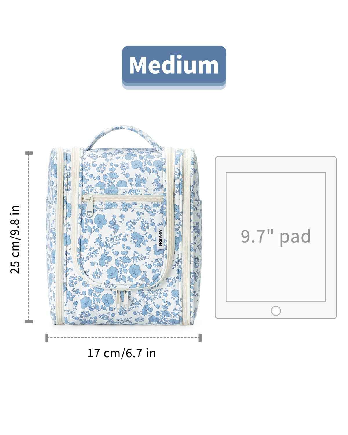 Narwey Hanging Toiletry Bag Women Travel Makeup Bag Organizer Toiletries Bag for Travel Size Essentials Accessories Cosmetics (Medium,Little Blue Flower)