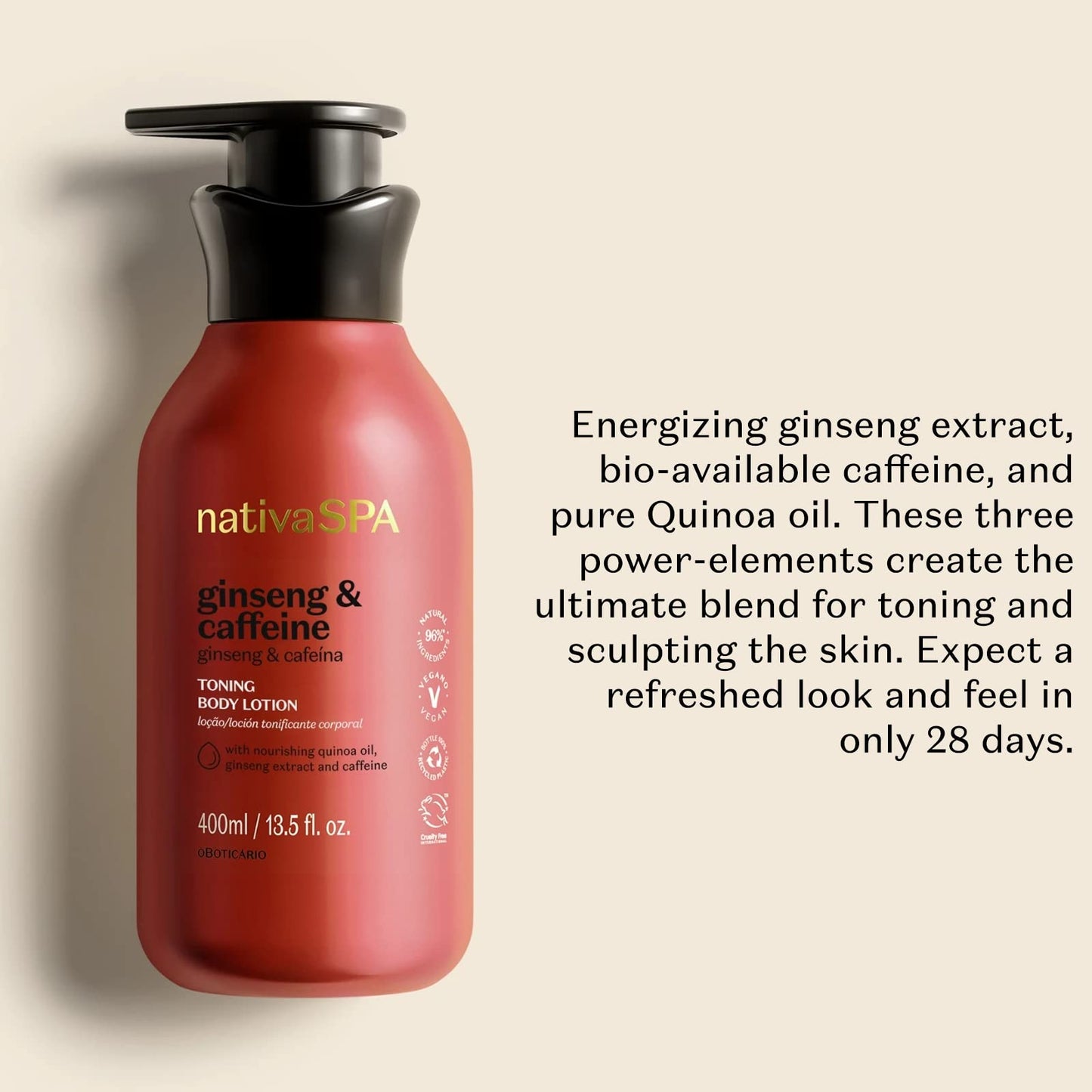 Nativa SPA by O Boticário Ginseng & Caffeine Toning Body Lotion, Fragranced Moisturizer Enriched with Purified Quinoa Drops to Boost Hydration, 13.5 Ounce (400ml)