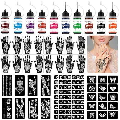 Temporary Tattoo Kit - 10 Colors Ink, 86 Stencils & Gloves