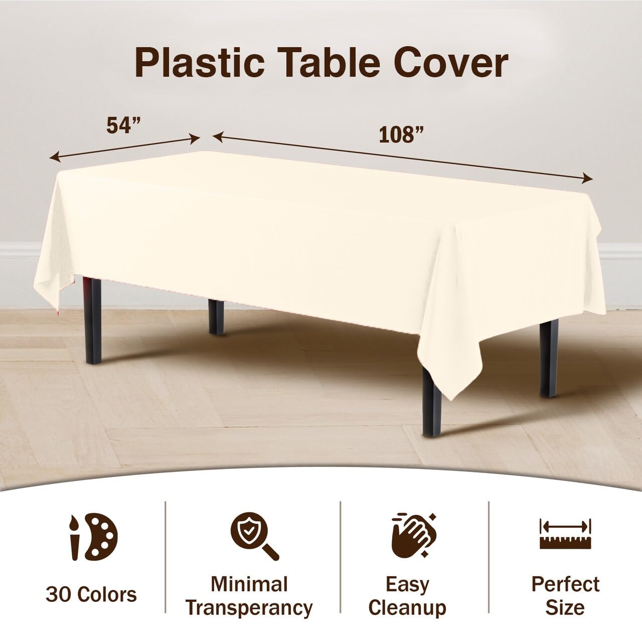 Exquisite 12-Pack Premium Plastic 54-Inch-by-108-Inch Rectangle Tablecloth, Ivory