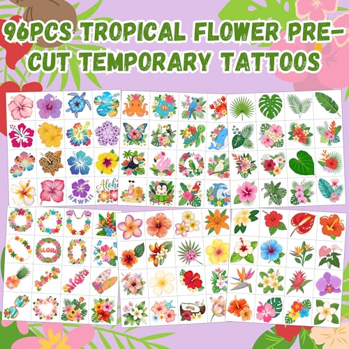 96 Tropical Flower Temporary Tattoos - Hibiscus Party Favors