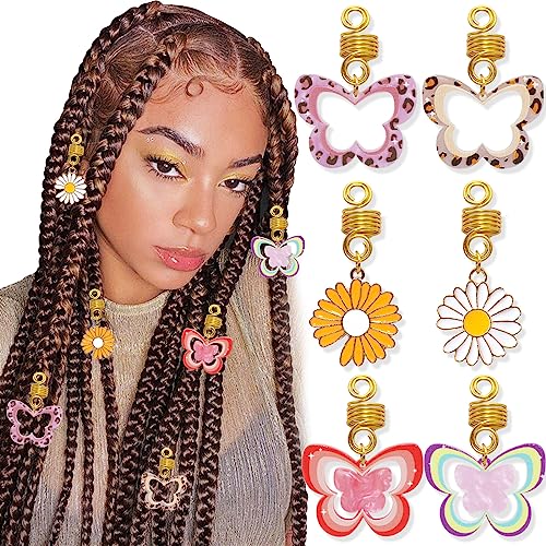 NAISKA Colorful Butterfly Jewelry for Hair Braid Clips Daisy Braid Dreadlocks Charms Accessories Spring Braid Pendant Hair Cuffs Loc Braid Hair Jewelry for Women and Girls (6PCS)