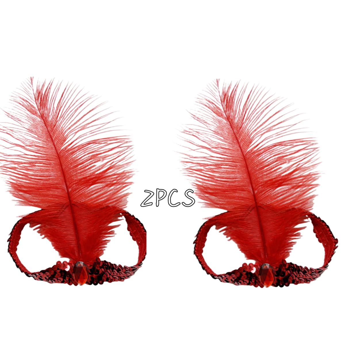 XKTEI 2pcs Feather Headdress,Sequins Headband,1920s Flapper Headpiece,Carnival Party Headwear,Costume for Gatsby Theme Party,Mardi Gras Feather Headband (Red-1)