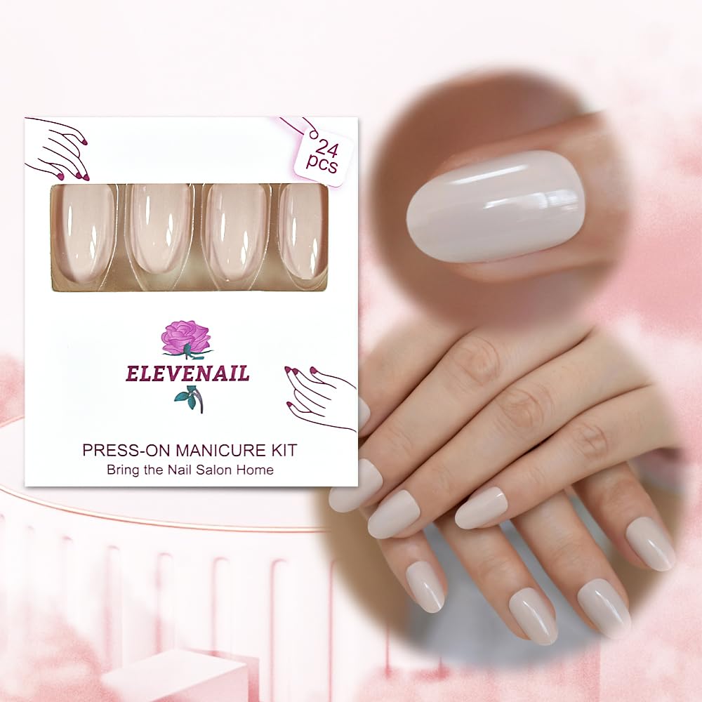 ELEVENAIL Natural Glossy Nude Press On False Nails Short Oval Acrylic Nail Art Tips Salon Women Girls DIY Manicure Daily Reusable Stick On Fake Nails for Daily Office Home Party