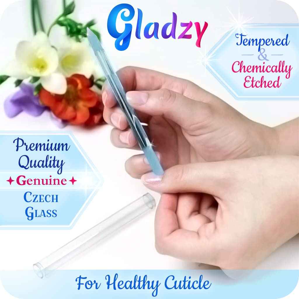 GLADZY Czech Glass Nail File Set with Glass Nail Shiner & Cuticle Pusher– 3 pcs Manicure Kit with Case, Multi-Functional Nano Buffer, Manicure Stick, Etched Crystal File for Natural Nails, Made in EU
