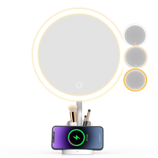 Yls Rechargeable Lighted Makeup Mirror with 1x/10x Detachable Magnification, Vanity Mirror with 3 Color Adjustable Lighting,Qi-Enabled Charging,and 360 °Rotating Design