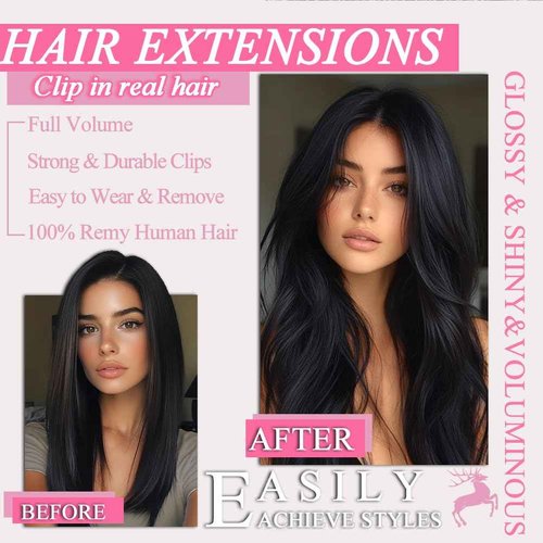 Clip in Hair Extensions, 18 Inch 7Pcs Invisible Seamless Real Hair Extensions Clip in Human Hair, 1B Natural Black Straight Human Hair Extensions for Women, 95g Double Weft Remy Human Hair