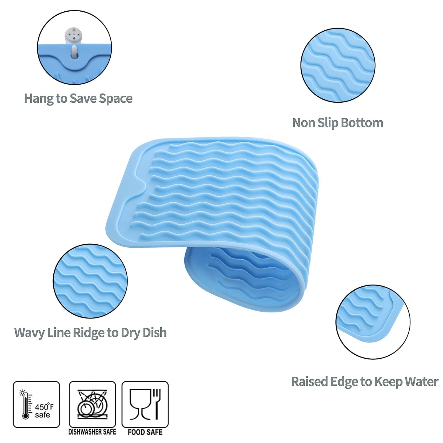 MicoYang Silicone Dish Drying Mat for Multiple Usage,Easy clean,Eco-friendly,Heat-resistant Silicone Mat for Kitchen Counter,Sink,Bar,Bottle,or Cup Light Blue S 12 inches x 6 inches