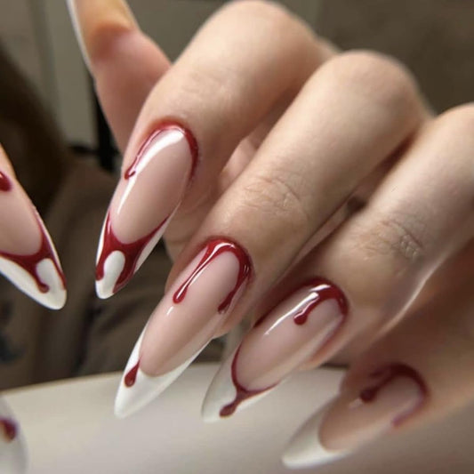 24 Pcs Halloween Blood Press on Nails Long Almond Shaped Halloween Fake Nails White French Tip Glue on Nails, Exquisite Long Halloween Fake False Nails with Red Blood Designs for Women