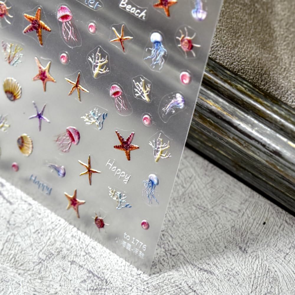 Marine Life Nail Sticker 5D Ocean Nail Decal for Summer Jellyfish Starfish Scallops Manicure Acrylic Salon DIY Nails Supplies (Marine Life)