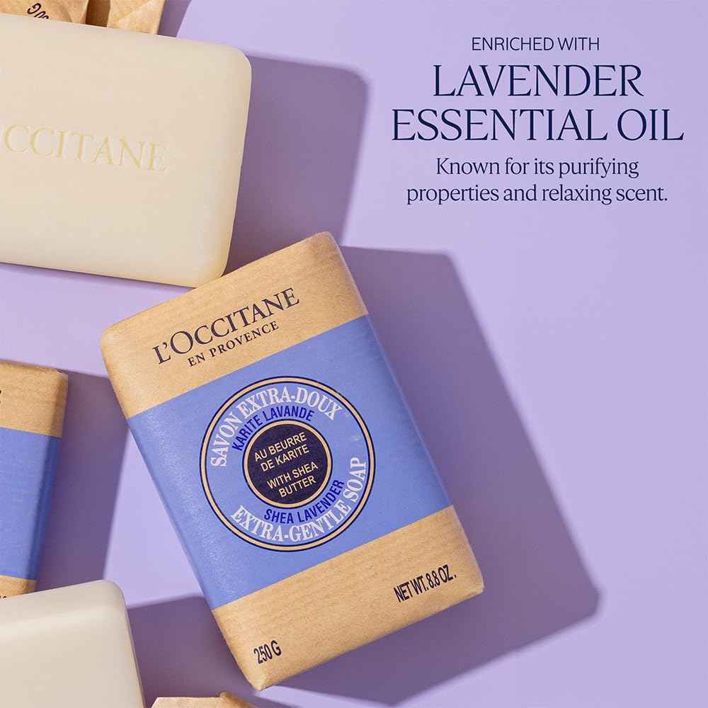 L'OCCITANE Shea Butter Extra-Gentle Solid Hand & Body Soap: Citrusy Shea Verbena, Relaxing Shea Lavender, Shea Milk, Vegetable Based, Artisanal, Vegan