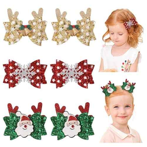 choicbaby 6pcs Christmas Hair Bows Clips 3" Glitter Sequin Baby Girl Hair Bows Christmas Bell Snowflake Santa Hair Accessories for Baby Girls Toddler Kids