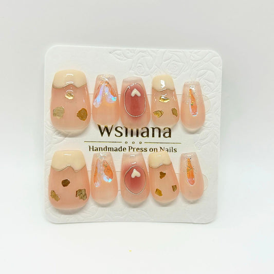 Wsliana Nails Handmade Press On Nails French Tips - Short Square False Nail with Charm Design,Glossy Glue On Nail, 10pcs Acrylic Fake Nails with Storage Box | Diy Fashion Nail Art(021 L)