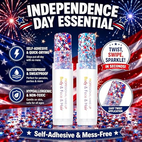 4th of July Red White Blue Body Glitter Stick (2PCS), Waterproof