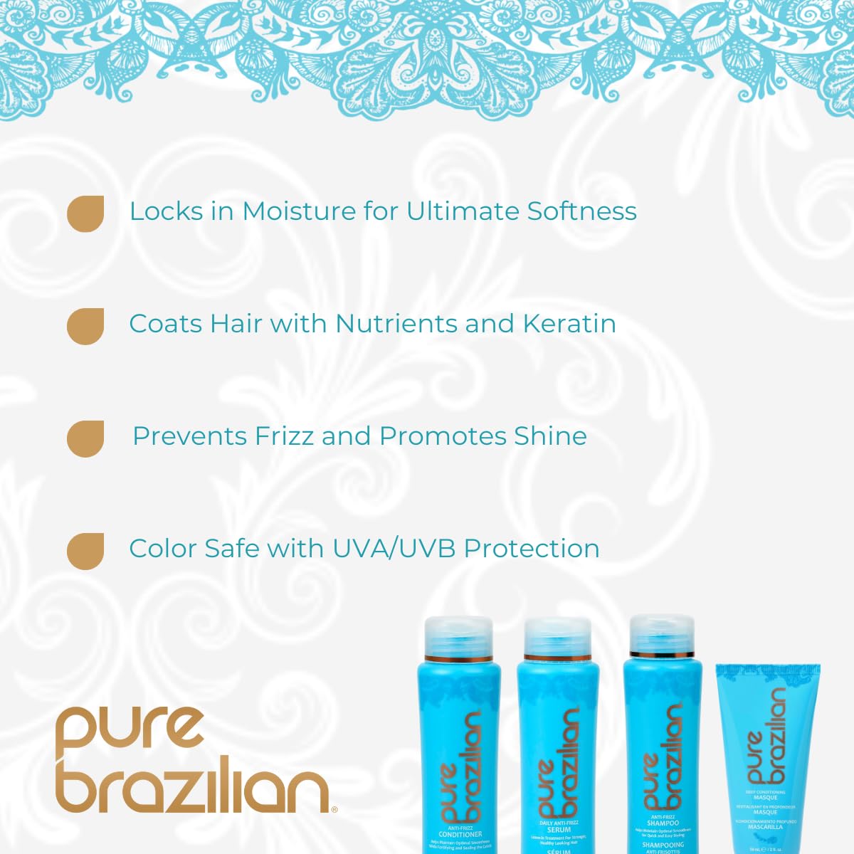 PURE BRAZILIAN - 4 Piece Essential Travel Size Kit: Anti-Frizz Shampoo, Conditioner, Serum & Masque