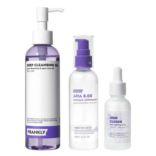 FRANKLY Ultimate Pore Care Set – Cleansing Oil, Closer Serum, AHA 8.05% Toner | BHA & LHA Cleanser + Peptide Serum | Vegan Korean Skincare | Christmas Gifts