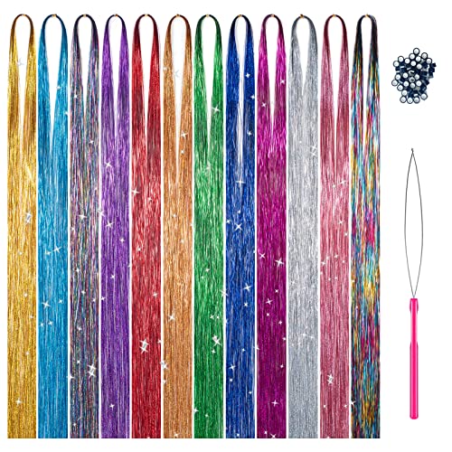 Hair Tinsel kit Fairy Hair Tinsel Kit 47 Inch Hair Extensions Hair Tinsel Kit Strands with Tool 12 Colors 2280 Strands Sparkling Glitter Fairy Hair Tinsel (12 Colors)