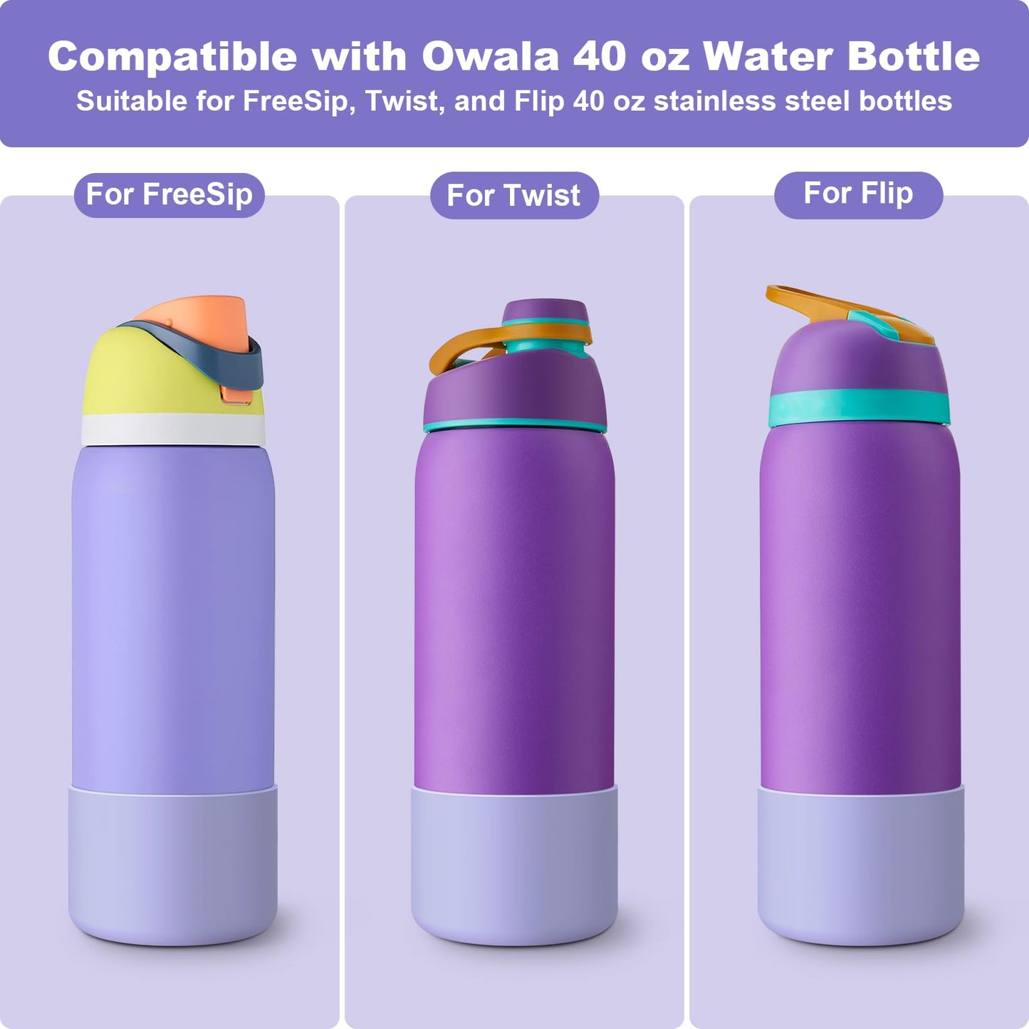 Alwenid 2PCS Silicone Water Bottle Boot for Owala 40 Oz, Anti-Slip Protective Sleeve Bottom Bumper Protector for FreeSip, Twist, and Flip Stainless Steel Water Bottles (Purple)