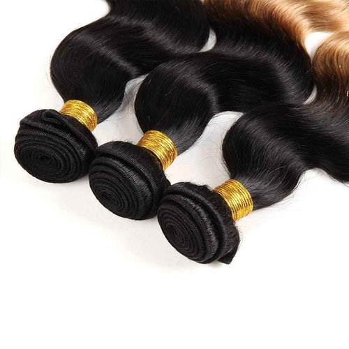 1B27 Human Hair Bundles Ombre Body Wave Bundles Unprocessed Virgin Mixed Length 12 14 16 Inch 2 Tone Black and Blonde Bundle Hair Extensions