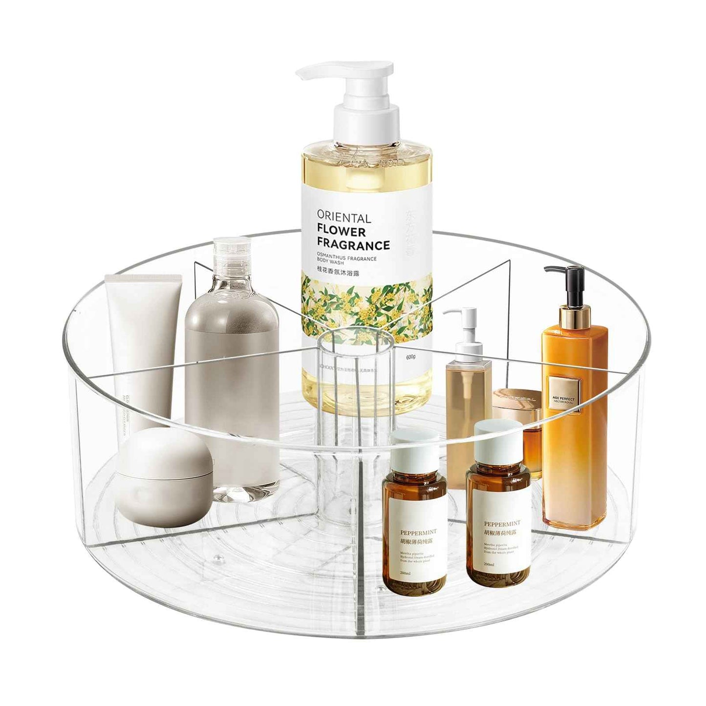 360° Rotating Makeup Organizer 11.5" Clear Turntable Lazy Susan Organizer for Vanity, Bathroom Counter, Pantry, Cabinet, Spinning Cosmetic Storage Holder with 5 Dividers for Skincare, Makeup Brushes