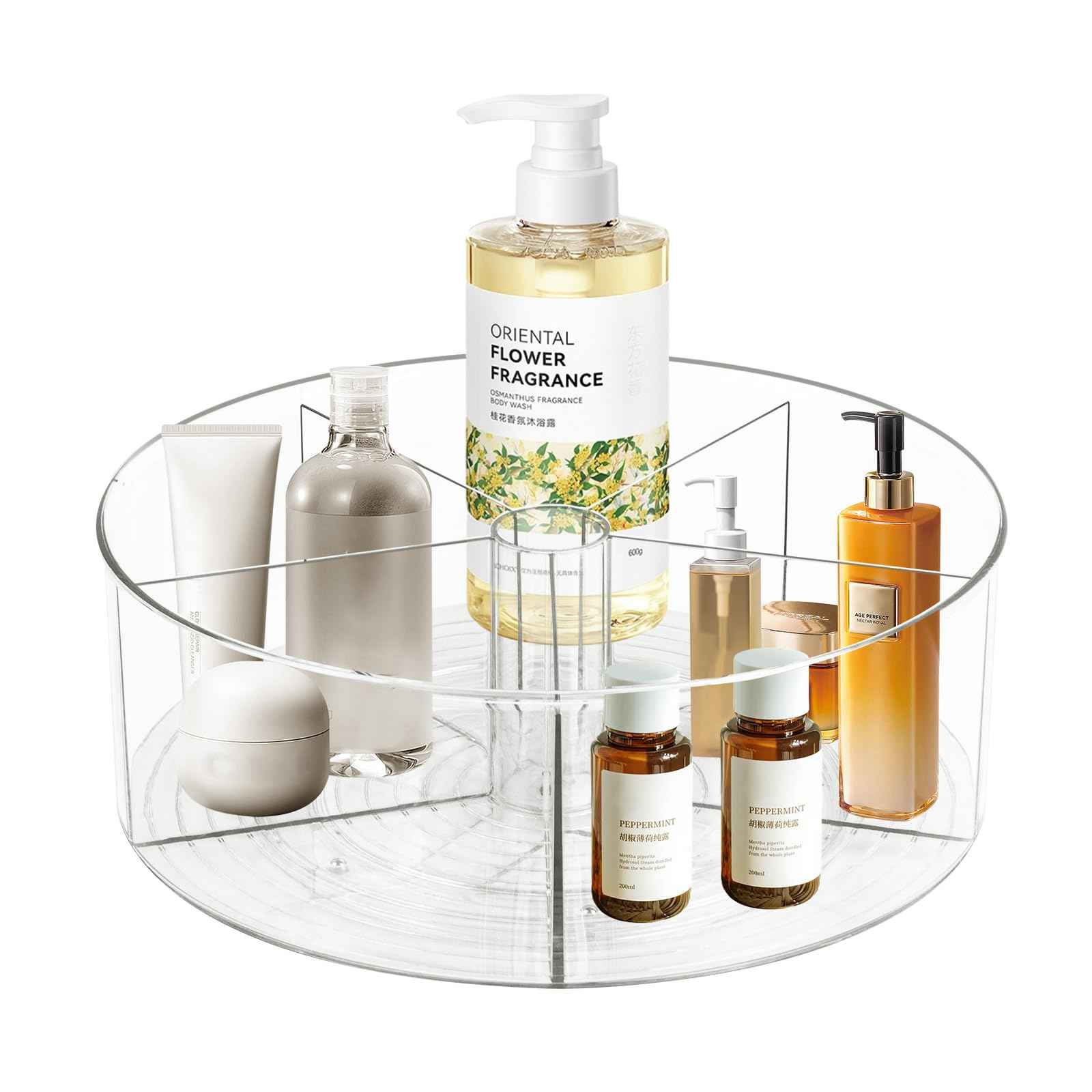 360° Rotating Makeup Organizer 11.5" Clear Turntable Lazy Susan Organizer for Vanity, Bathroom Counter, Pantry, Cabinet, Spinning Cosmetic Storage Holder with 5 Dividers for Skincare, Makeup Brushes