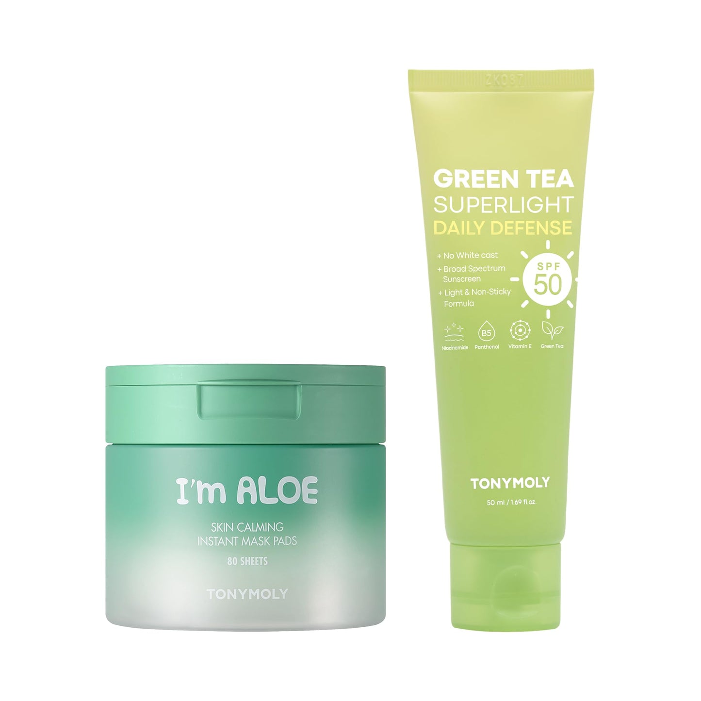 TONYMOLY Green Tea SPF 50 Sunscreen, Lightweight Korean Sunscreen for Face, Non-Greasy & No White cast + I'm Aloe Skin Calming Instant Mask Pads for dry and irritated skin, 80 sheets