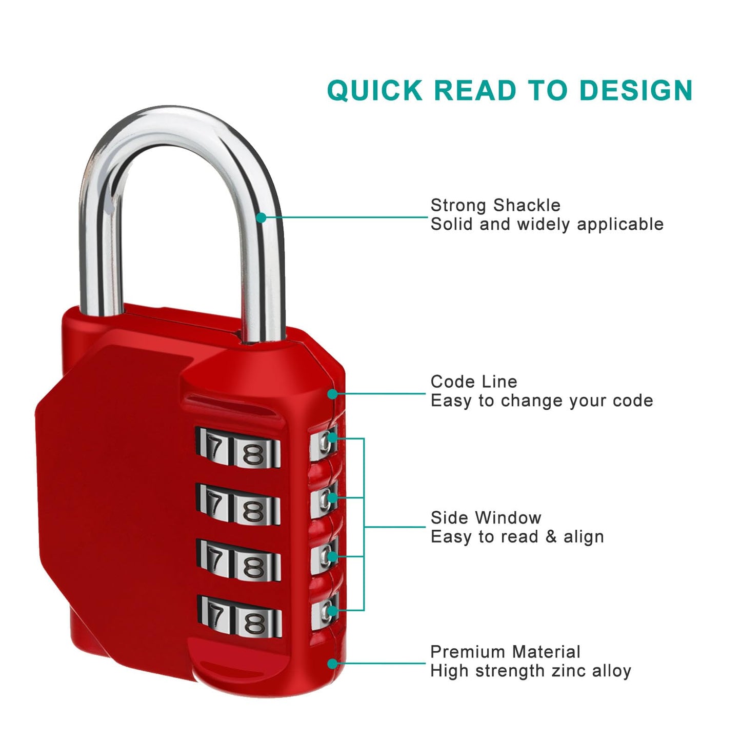 ZHEGE Combination Lock, 4 Digit Outdoor Combination Padlock for Gym, School, Gates, Doors, Hasps and Storage (Red)