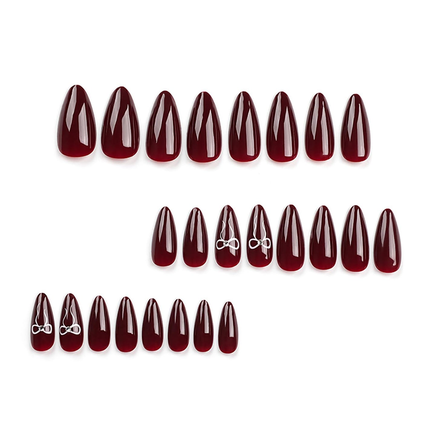 Wine Red Press on Nails Medium Almond Valentines Fake Nails Full Cover White Bow False Nails with Designs Glossy Glue on Nails Cute Acrylic Nails Manicure Artificial Nails for Women Girls 24Pcs